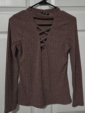 Ribbed Lace-Up Long Sleeve Top - Brown